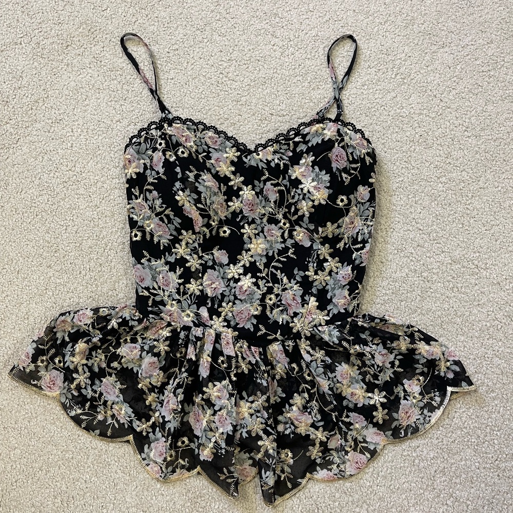 VICI Black Floral Lace Trim Corset Peplum Cami Top Whimsigoth Coquette Size L